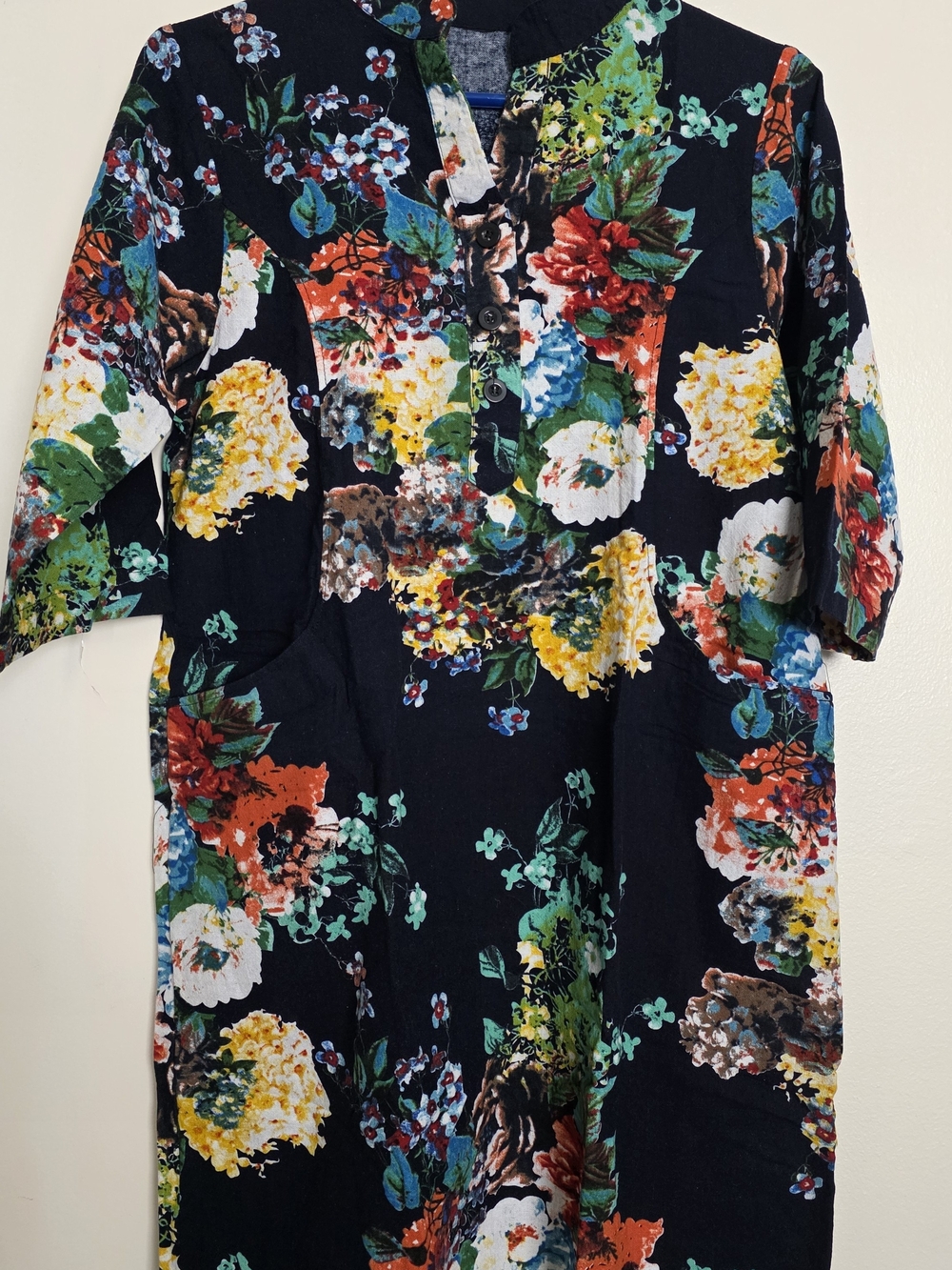 Black Floral Midi Dress with Multicolor Blooms